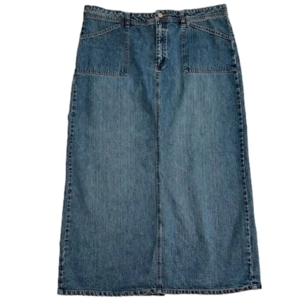 Old Navy Blue Jeans Vintage Y2K Denim A-Line Long Skirt Size 16 Rear Slit